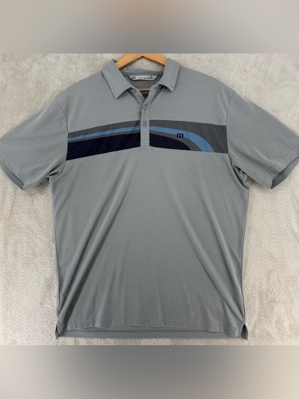 TravisMathew Gray Performance Golf Polo Shirt Men’s Large Blue Stripe Athletic